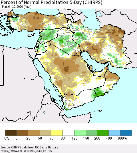 Middle East and Turkey Percent of Normal Precipitation 5-Day (CHIRPS) Thematic Map For 3/6/2020 - 3/10/2020