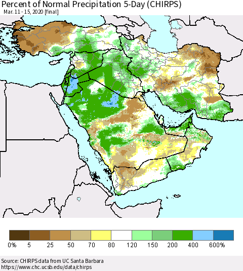 Middle East and Turkey Percent of Normal Precipitation 5-Day (CHIRPS) Thematic Map For 3/11/2020 - 3/15/2020