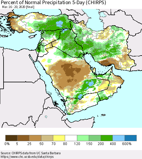 Middle East and Turkey Percent of Normal Precipitation 5-Day (CHIRPS) Thematic Map For 3/16/2020 - 3/20/2020