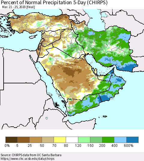Middle East and Turkey Percent of Normal Precipitation 5-Day (CHIRPS) Thematic Map For 3/21/2020 - 3/25/2020