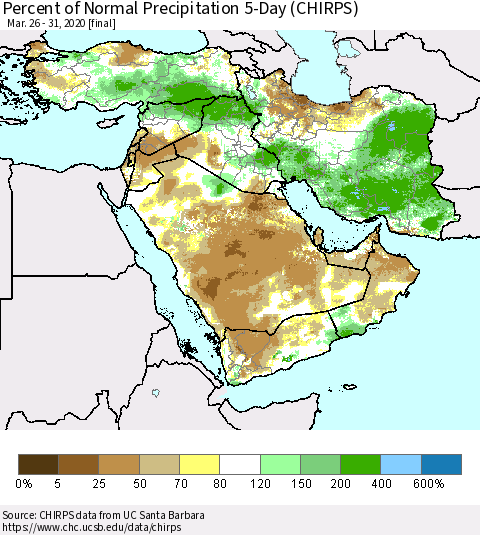 Middle East and Turkey Percent of Normal Precipitation 5-Day (CHIRPS) Thematic Map For 3/26/2020 - 3/31/2020
