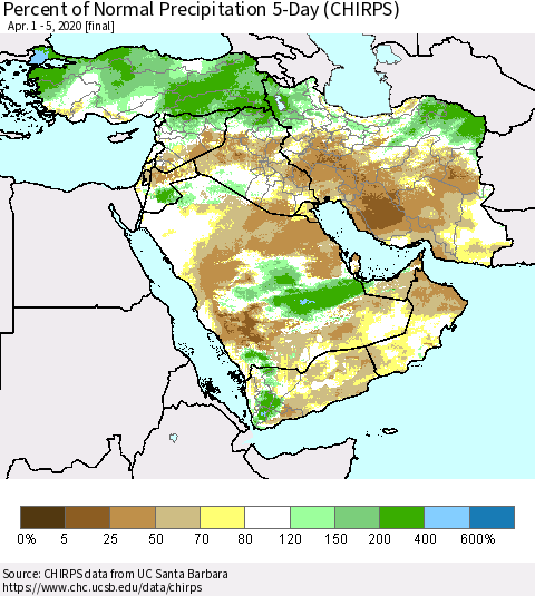 Middle East and Turkey Percent of Normal Precipitation 5-Day (CHIRPS) Thematic Map For 4/1/2020 - 4/5/2020