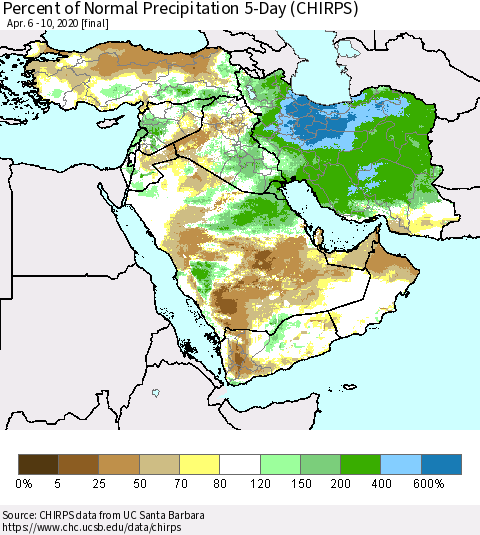 Middle East and Turkey Percent of Normal Precipitation 5-Day (CHIRPS) Thematic Map For 4/6/2020 - 4/10/2020