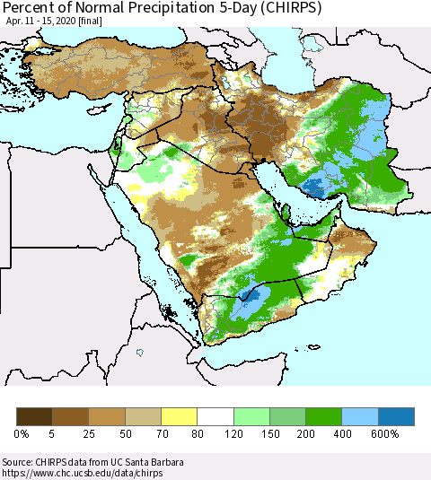 Middle East and Turkey Percent of Normal Precipitation 5-Day (CHIRPS) Thematic Map For 4/11/2020 - 4/15/2020
