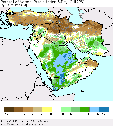Middle East and Turkey Percent of Normal Precipitation 5-Day (CHIRPS) Thematic Map For 4/16/2020 - 4/20/2020