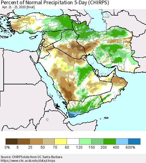 Middle East and Turkey Percent of Normal Precipitation 5-Day (CHIRPS) Thematic Map For 4/21/2020 - 4/25/2020