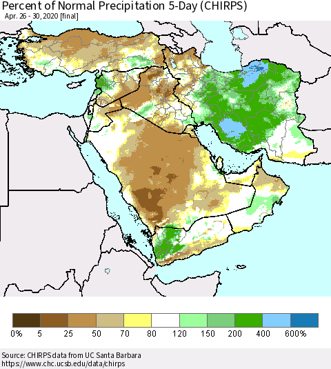 Middle East and Turkey Percent of Normal Precipitation 5-Day (CHIRPS) Thematic Map For 4/26/2020 - 4/30/2020