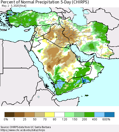 Middle East and Turkey Percent of Normal Precipitation 5-Day (CHIRPS) Thematic Map For 5/1/2020 - 5/5/2020