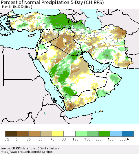Middle East and Turkey Percent of Normal Precipitation 5-Day (CHIRPS) Thematic Map For 5/6/2020 - 5/10/2020