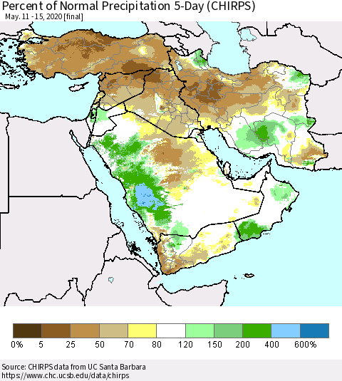 Middle East and Turkey Percent of Normal Precipitation 5-Day (CHIRPS) Thematic Map For 5/11/2020 - 5/15/2020