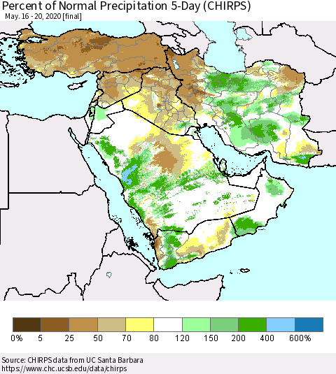 Middle East and Turkey Percent of Normal Precipitation 5-Day (CHIRPS) Thematic Map For 5/16/2020 - 5/20/2020