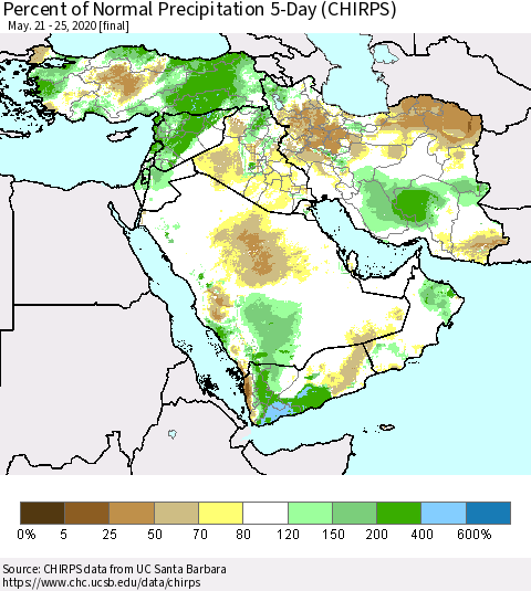 Middle East and Turkey Percent of Normal Precipitation 5-Day (CHIRPS) Thematic Map For 5/21/2020 - 5/25/2020