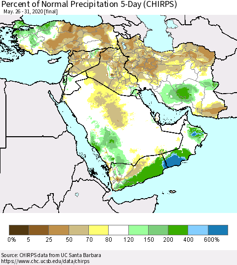 Middle East and Turkey Percent of Normal Precipitation 5-Day (CHIRPS) Thematic Map For 5/26/2020 - 5/31/2020