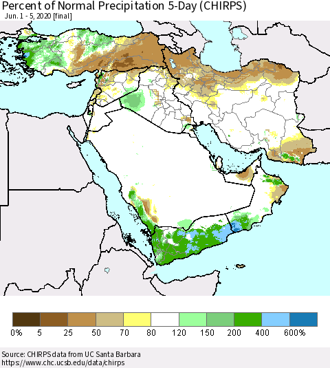 Middle East and Turkey Percent of Normal Precipitation 5-Day (CHIRPS) Thematic Map For 6/1/2020 - 6/5/2020