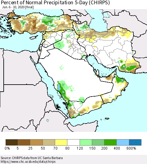 Middle East and Turkey Percent of Normal Precipitation 5-Day (CHIRPS) Thematic Map For 6/6/2020 - 6/10/2020