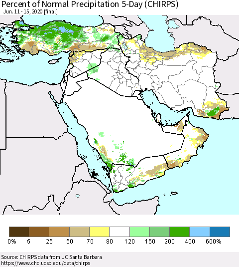 Middle East and Turkey Percent of Normal Precipitation 5-Day (CHIRPS) Thematic Map For 6/11/2020 - 6/15/2020