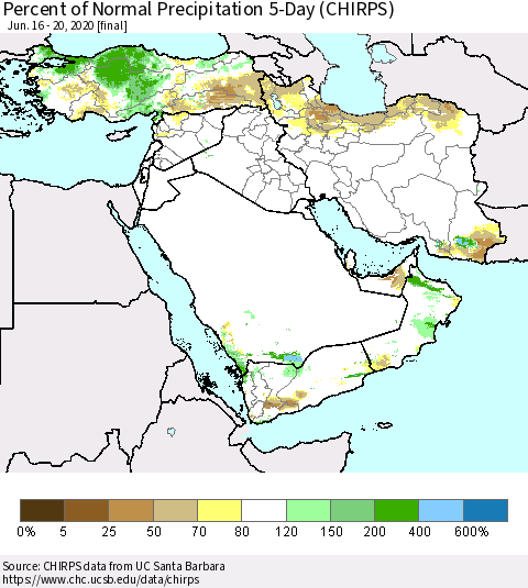 Middle East and Turkey Percent of Normal Precipitation 5-Day (CHIRPS) Thematic Map For 6/16/2020 - 6/20/2020