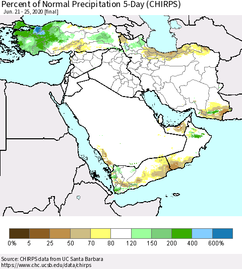 Middle East and Turkey Percent of Normal Precipitation 5-Day (CHIRPS) Thematic Map For 6/21/2020 - 6/25/2020