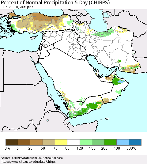Middle East and Turkey Percent of Normal Precipitation 5-Day (CHIRPS) Thematic Map For 6/26/2020 - 6/30/2020