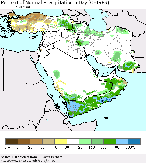 Middle East and Turkey Percent of Normal Precipitation 5-Day (CHIRPS) Thematic Map For 7/1/2020 - 7/5/2020