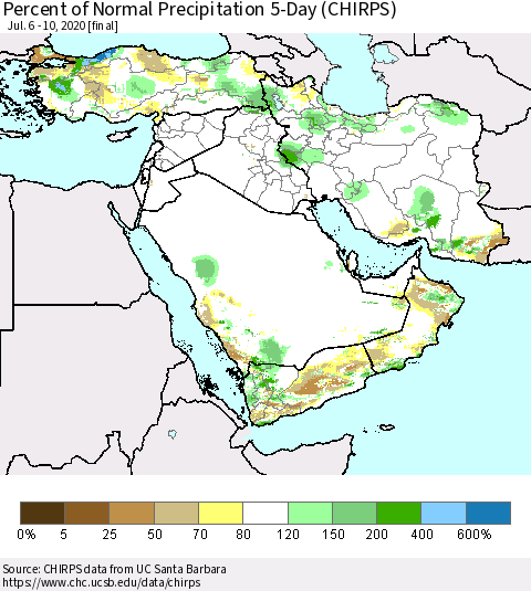 Middle East and Turkey Percent of Normal Precipitation 5-Day (CHIRPS) Thematic Map For 7/6/2020 - 7/10/2020