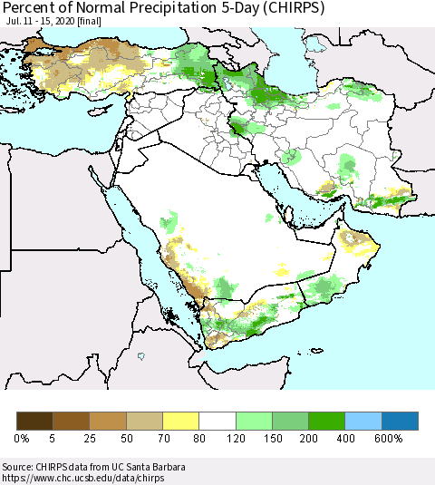 Middle East and Turkey Percent of Normal Precipitation 5-Day (CHIRPS) Thematic Map For 7/11/2020 - 7/15/2020