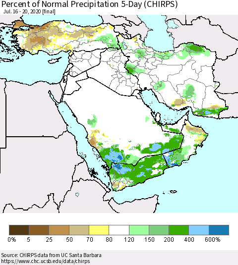 Middle East and Turkey Percent of Normal Precipitation 5-Day (CHIRPS) Thematic Map For 7/16/2020 - 7/20/2020