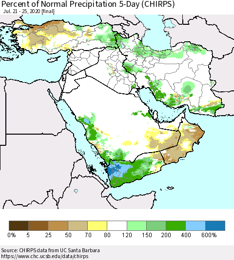 Middle East and Turkey Percent of Normal Precipitation 5-Day (CHIRPS) Thematic Map For 7/21/2020 - 7/25/2020