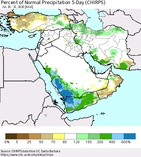 Middle East and Turkey Percent of Normal Precipitation 5-Day (CHIRPS) Thematic Map For 7/26/2020 - 7/31/2020