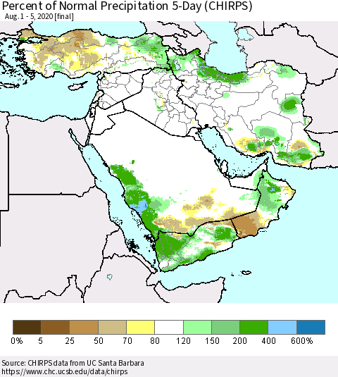 Middle East and Turkey Percent of Normal Precipitation 5-Day (CHIRPS) Thematic Map For 8/1/2020 - 8/5/2020