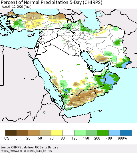 Middle East and Turkey Percent of Normal Precipitation 5-Day (CHIRPS) Thematic Map For 8/6/2020 - 8/10/2020
