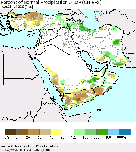 Middle East and Turkey Percent of Normal Precipitation 5-Day (CHIRPS) Thematic Map For 8/11/2020 - 8/15/2020