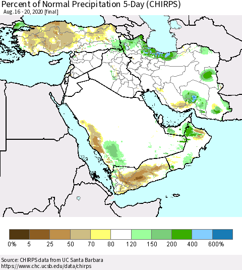 Middle East and Turkey Percent of Normal Precipitation 5-Day (CHIRPS) Thematic Map For 8/16/2020 - 8/20/2020