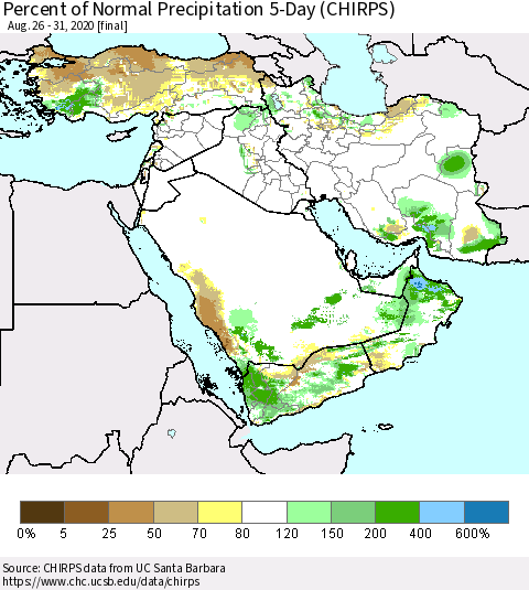 Middle East and Turkey Percent of Normal Precipitation 5-Day (CHIRPS) Thematic Map For 8/26/2020 - 8/31/2020