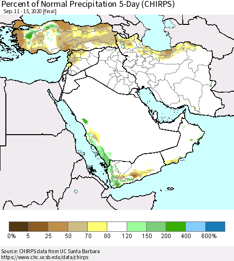 Middle East and Turkey Percent of Normal Precipitation 5-Day (CHIRPS) Thematic Map For 9/11/2020 - 9/15/2020