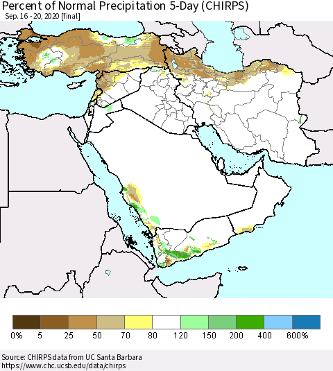 Middle East and Turkey Percent of Normal Precipitation 5-Day (CHIRPS) Thematic Map For 9/16/2020 - 9/20/2020