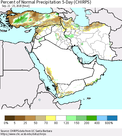 Middle East and Turkey Percent of Normal Precipitation 5-Day (CHIRPS) Thematic Map For 9/21/2020 - 9/25/2020