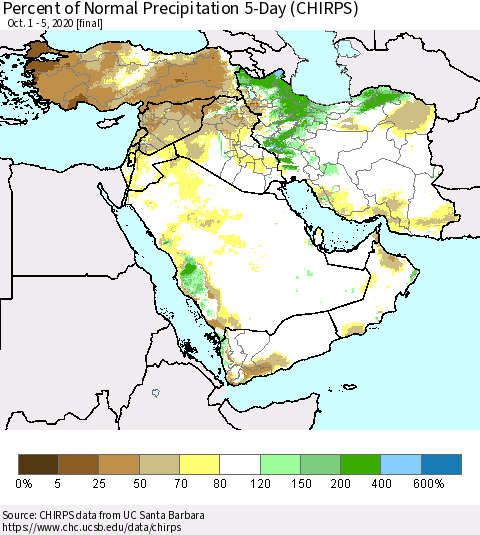 Middle East and Turkey Percent of Normal Precipitation 5-Day (CHIRPS) Thematic Map For 10/1/2020 - 10/5/2020