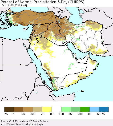 Middle East and Turkey Percent of Normal Precipitation 5-Day (CHIRPS) Thematic Map For 10/11/2020 - 10/15/2020
