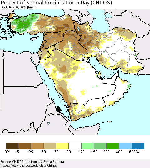 Middle East and Turkey Percent of Normal Precipitation 5-Day (CHIRPS) Thematic Map For 10/16/2020 - 10/20/2020