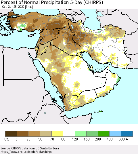 Middle East and Turkey Percent of Normal Precipitation 5-Day (CHIRPS) Thematic Map For 10/21/2020 - 10/25/2020
