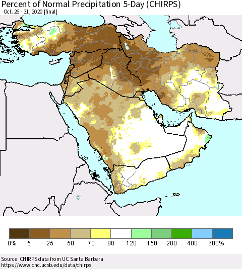 Middle East and Turkey Percent of Normal Precipitation 5-Day (CHIRPS) Thematic Map For 10/26/2020 - 10/31/2020