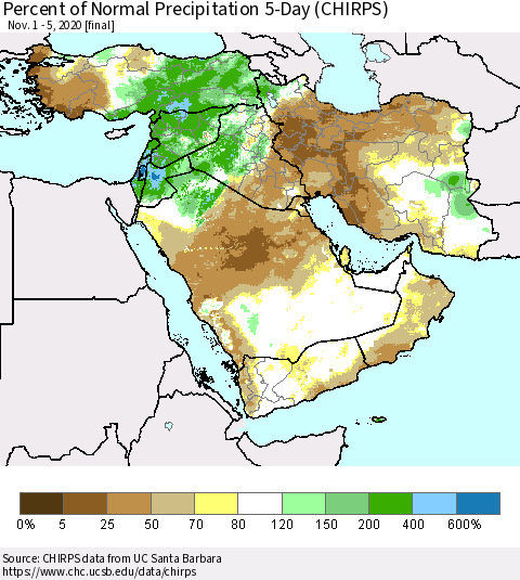 Middle East and Turkey Percent of Normal Precipitation 5-Day (CHIRPS) Thematic Map For 11/1/2020 - 11/5/2020