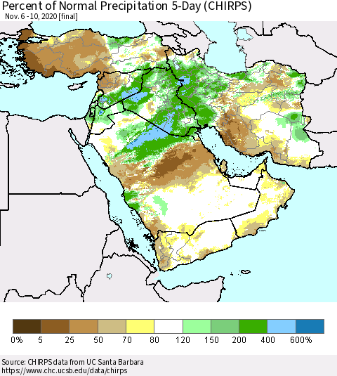 Middle East and Turkey Percent of Normal Precipitation 5-Day (CHIRPS) Thematic Map For 11/6/2020 - 11/10/2020