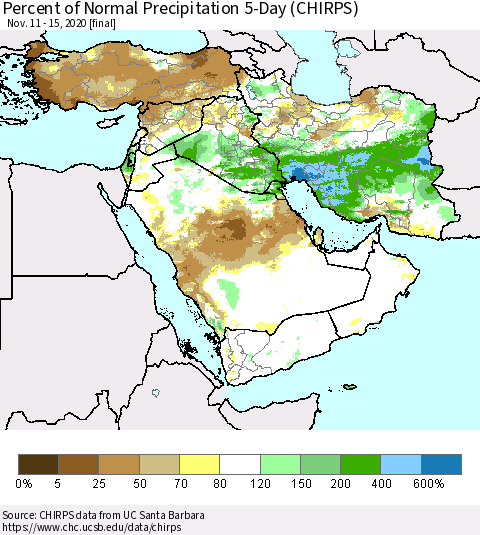 Middle East and Turkey Percent of Normal Precipitation 5-Day (CHIRPS) Thematic Map For 11/11/2020 - 11/15/2020