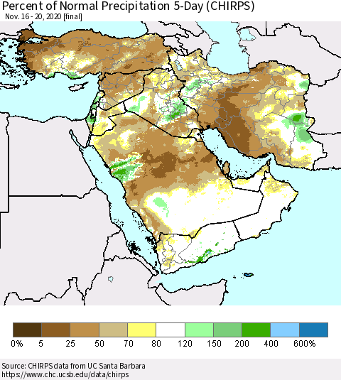Middle East and Turkey Percent of Normal Precipitation 5-Day (CHIRPS) Thematic Map For 11/16/2020 - 11/20/2020