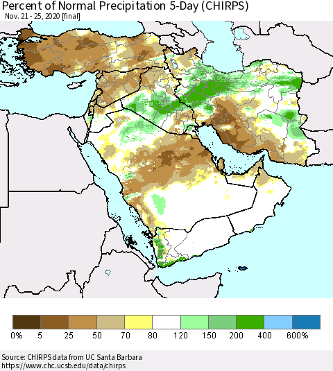 Middle East and Turkey Percent of Normal Precipitation 5-Day (CHIRPS) Thematic Map For 11/21/2020 - 11/25/2020