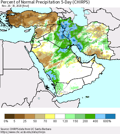 Middle East and Turkey Percent of Normal Precipitation 5-Day (CHIRPS) Thematic Map For 11/26/2020 - 11/30/2020