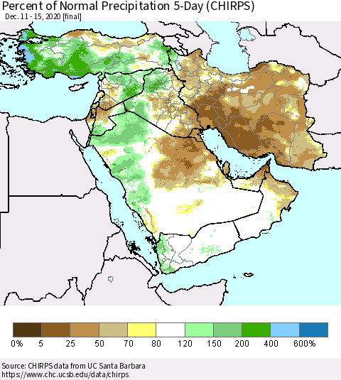 Middle East and Turkey Percent of Normal Precipitation 5-Day (CHIRPS) Thematic Map For 12/11/2020 - 12/15/2020