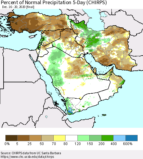 Middle East and Turkey Percent of Normal Precipitation 5-Day (CHIRPS) Thematic Map For 12/16/2020 - 12/20/2020